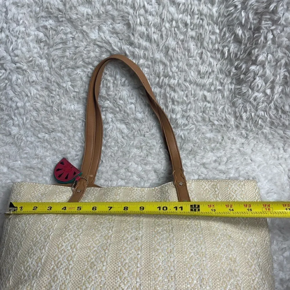 Tyler Rodman beige woven large tote with tan faux leather trim and straps .
